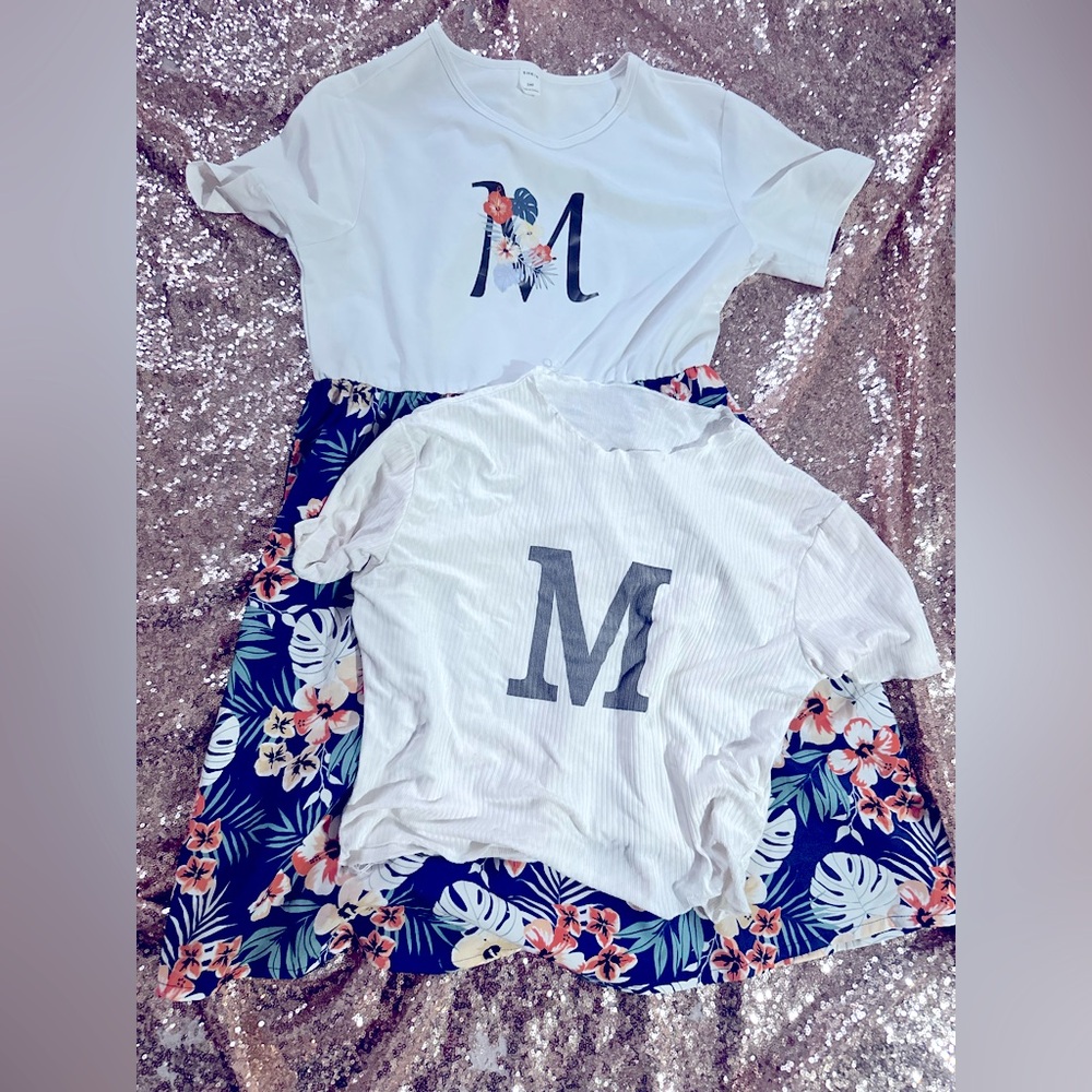 Girls 14y SHEIN White/Blue Floral letter “M”dress shirt